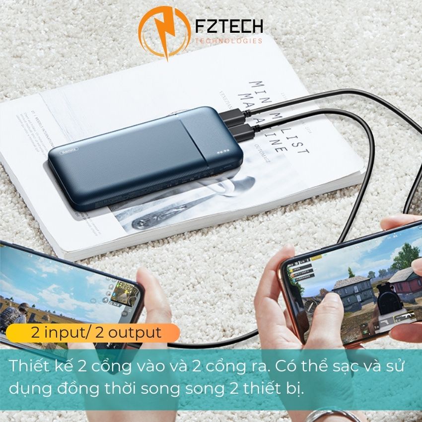 Sạc dự phòng 10000mah Remax RPP-96 FZTECH Pin dự phòng 2 Cổng ra USB sạc nhanh 2.1A dùng cho iPhone, Samsung, Android…