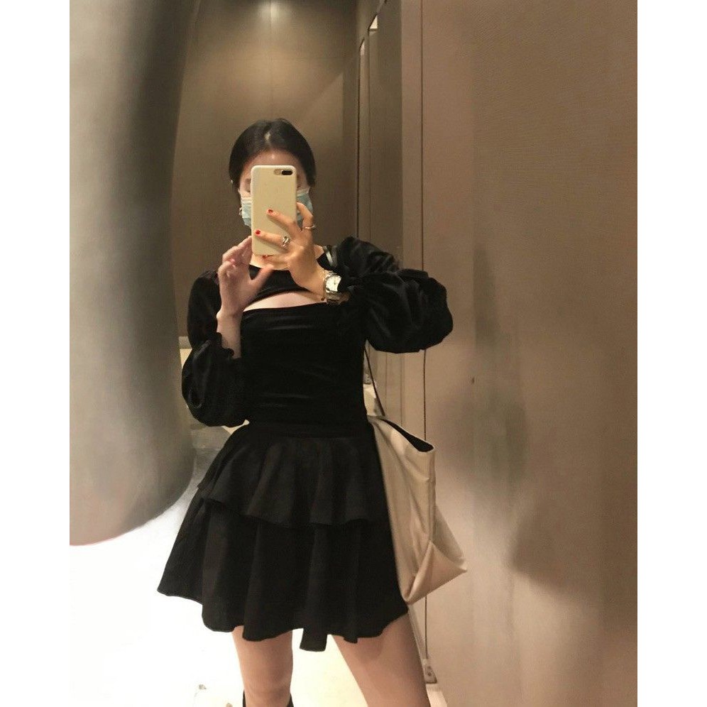 Áo kiểu chất nhung xẻ ngực tay bồng bèo nhún ulzzang sexy - Có ảnh thật