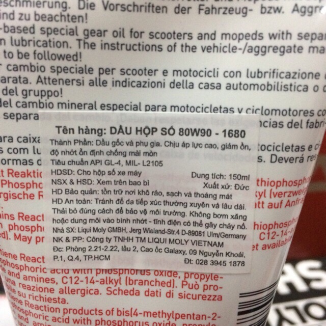 Nhớt Láp Hộp Số Xe Tay Ga Liqui Moly Motorbike Gear Oil GL4 80W90 Scooter 1680 150ml