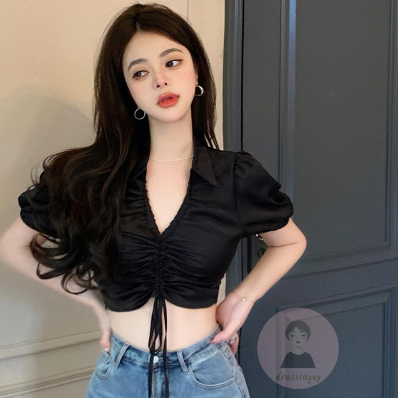 Áo Thun Ngắn Tay Cổ Bẻ Phối Dây Rút Xếp Ly Thời Trang Cho Nữ