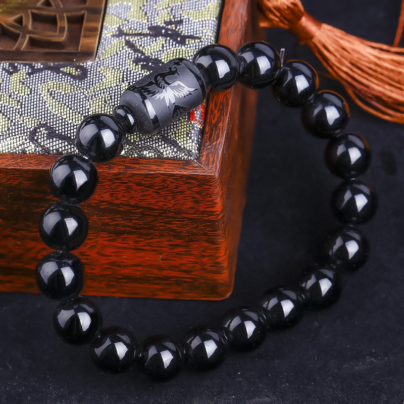 Vòng tay chuỗi hạt đá Obsidian màu đen hình rồng phượng hoàng thời trang cho nam và nữ