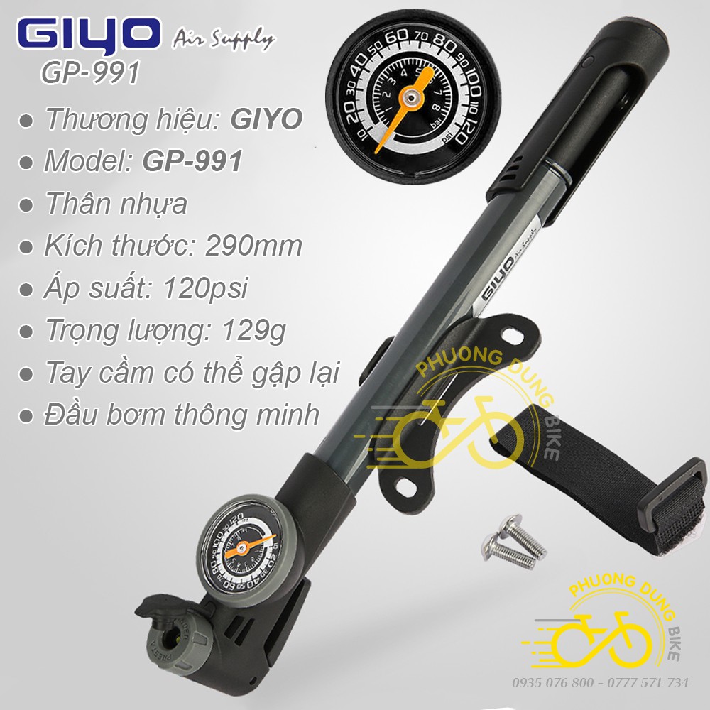 Bơm mini xe đạp Giyo GP-991 có đồng hồ đo áp suất - Van Thông Minh