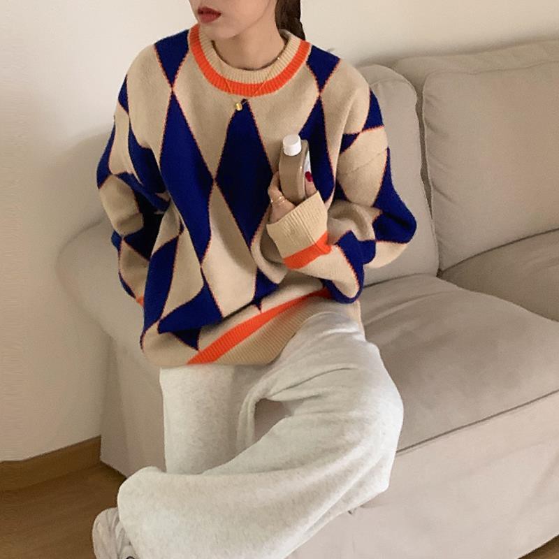 Áo Sweater Dệt Kim Dáng Rộng Màu Sắc Tương Phản Phong Cách Retro Hàn Quốc Cho Nữ 2021 | BigBuy360 - bigbuy360.vn