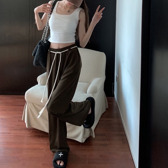 Quần thể thao ZHELIHANGFEI lưng cao có dây thắt ống rộng thời trang năng động