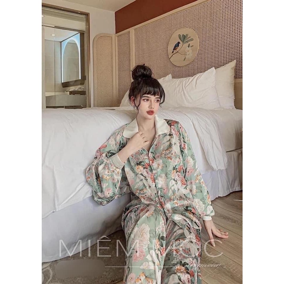 Đồ bộ Lụa Satin Pijama tay phồng quần dài tiểu thư siêu hot cao cấp