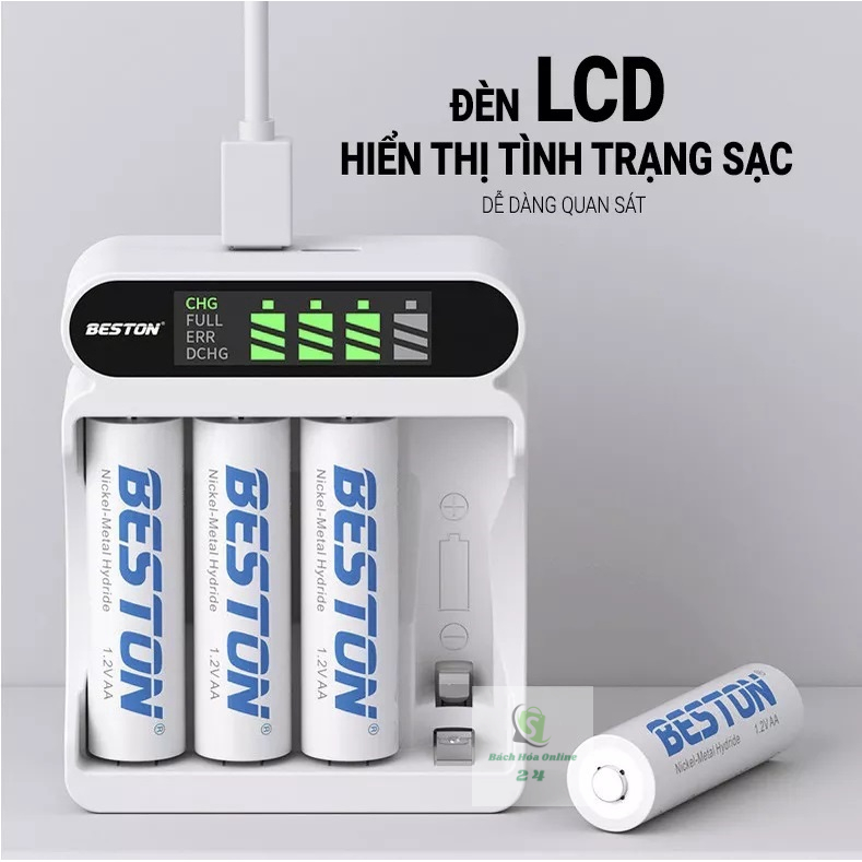 Bộ 4 pin sạc AA 3300 mAh Dung lượng cao kèm Sạc pin Beston C9023L, Sạc nhanh, tự ngắt khi đầy, màn hình LCD thông minh