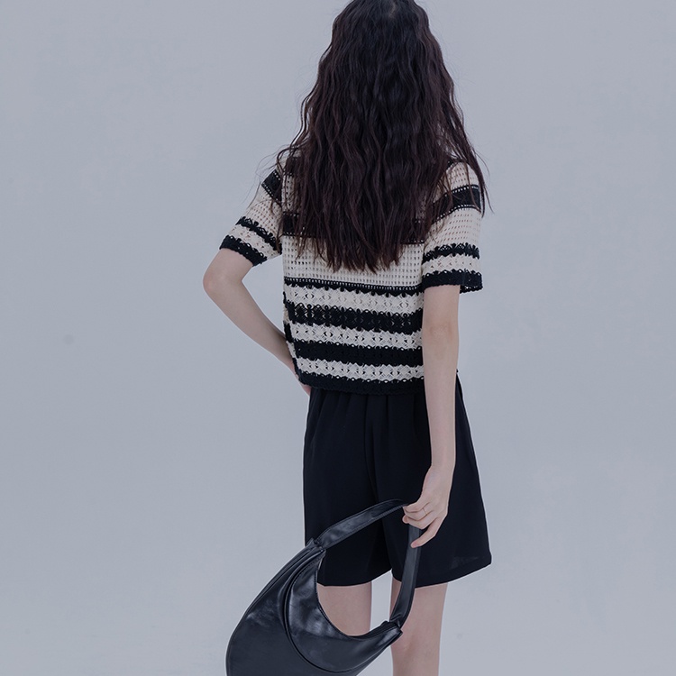 SUXI Áo Dệt Kim Tay Ngắn Dáng Ôm Họa Tiết Kẻ Sọc Thời Trang Mùa Hè Dễ Phối Đồ Cho Nữ
