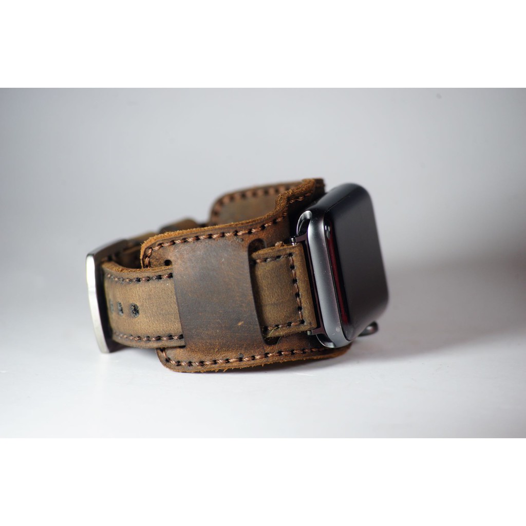 Dây Apple Watch , iWatch , iphone Watch da bò nâu đất kèm tấm đệm chống mồ hôi RAM Leather Bundstrap b2 kiểu quân đội