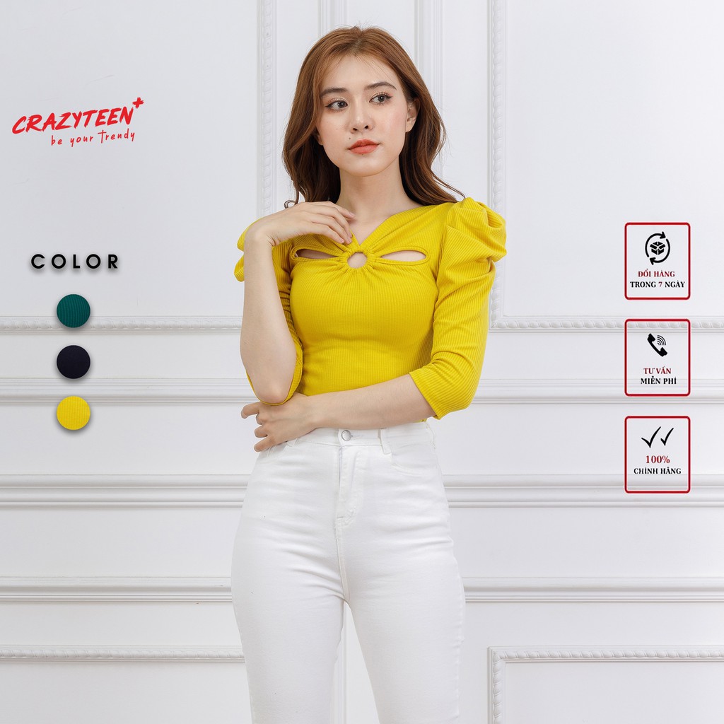 Áo thun tay lỡ bồng nữ Crazyteen khoét ngực phối khoen AT0109