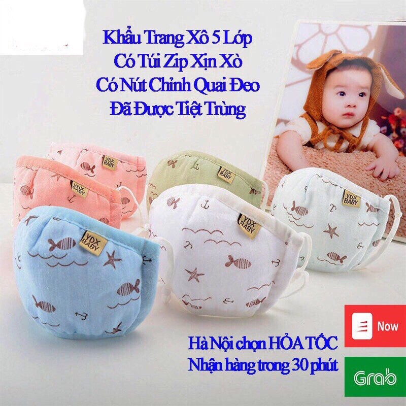 Khẩu Trang Vải Xô 5 Lớp Cho Bé Hàng Túi Zip Lọc Bụi Mềm Mại An Toàn Với Da Bé