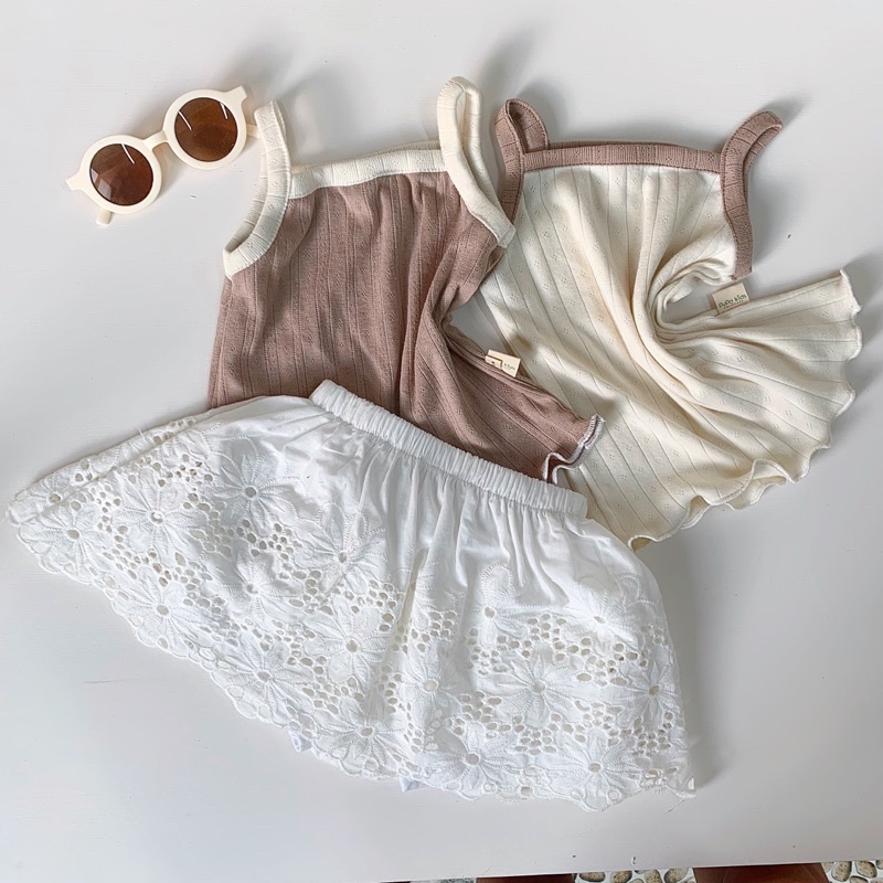 Set chân váy thô thêu kèm áo cotton gân xuất Hàn