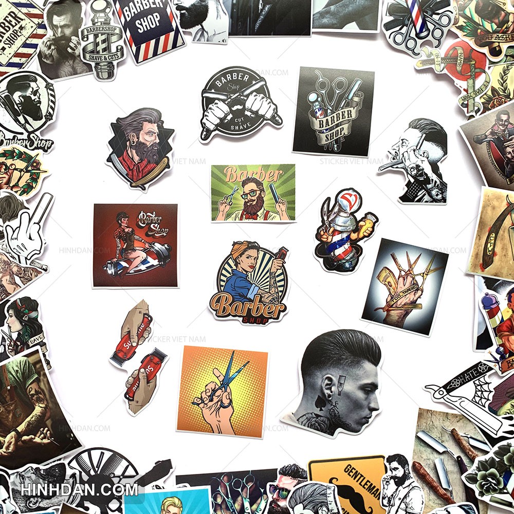 Sticker BARBER trang trí tiệm tóc nam, cửa hàng cắt tóc nam, tem dán chống nước, dán gương