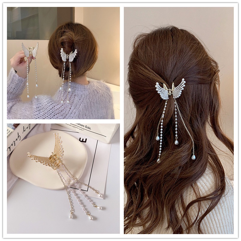 Kẹp Tóc Hình Bướm Đính Ngọc Trai Tua Rua Thiết Kế Tinh Tế Thời Trang Hàn Quốc Cho Nữ