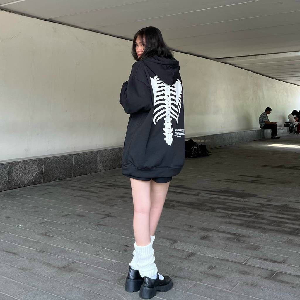 Áo Hoodie Nỉ Xanh hình xương cá - The white Form Rộng Siêu Hot/ Hường khểnh Shop.