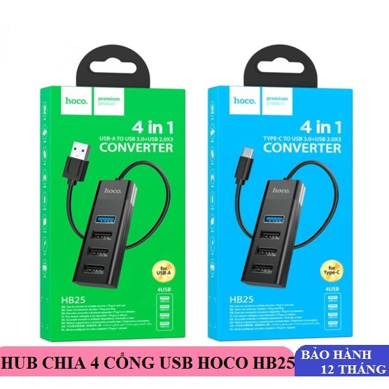 Hub chia 4 cổng USB Hoco HB25 từ 1 cổng USB ra 1 cổng USB 3.0 và 3 cổng USB 2.0 - BH 12 tháng