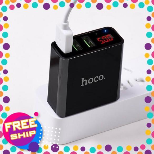 [FREE] Cốc sạc 3 cổng Hoco C15 3A - màn hình LCD hiển thị điện áp -tốt