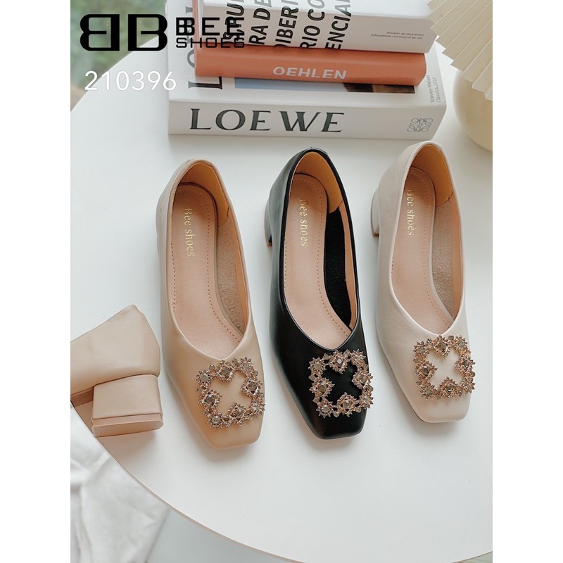 BEESHOES - GIÀY BÚP BÊ NỮ MŨI VUÔNG - GIÀY BÚP BÊ NỮ MŨI VUÔNG ĐẾ VUÔNG CAO 3 PHÂN SẴN MÀU ĐEN - KEM - HỒNG 210396