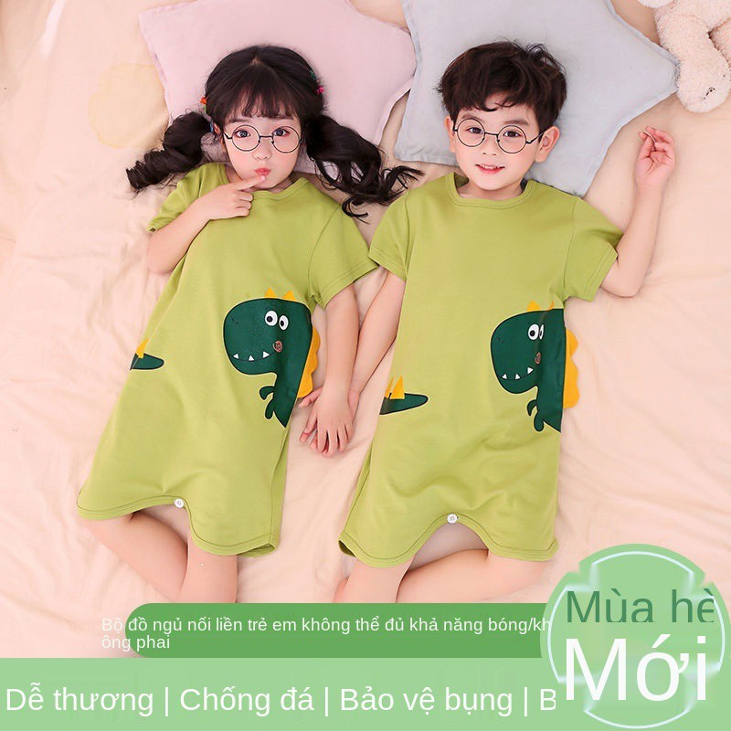 Pijama trẻ em một mảnh mùa hè túi ngủ ngắn tay cotton mỏng cho bé trai và gái quần áo mặc nhà chống đá hoạt hình