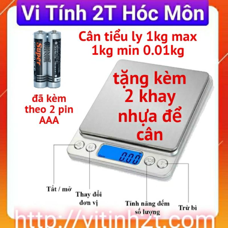 Cân Tiểu Ly Điện Tử Platform 1Kg ,(Tặng 2 Khay Nhựa), Cân Điện Tử Mini Inox I-2000