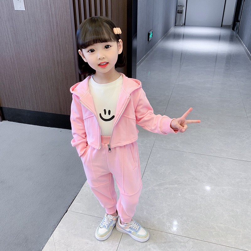 Quần áo thu đông bé gái, set 3ct: bộ quần áo khóa mũ đuôi tôm và áo cotton dài tay, quần bổ túi thật cho bé