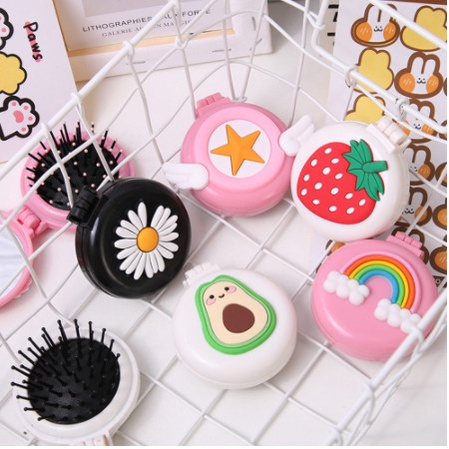 Gương Lược Gỡ Rối Massage 2in1 Gấp Gọn Cầm Tay  Hàn Quốc Tiện Dụng Gương Lược 2 Mặt Trang Điểm Bỏ Túi