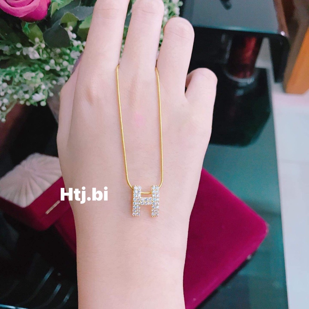dây chuyền nữ mạ vàng,dây lụa mặt chữ H đính đá htj  D1721+MTS0764