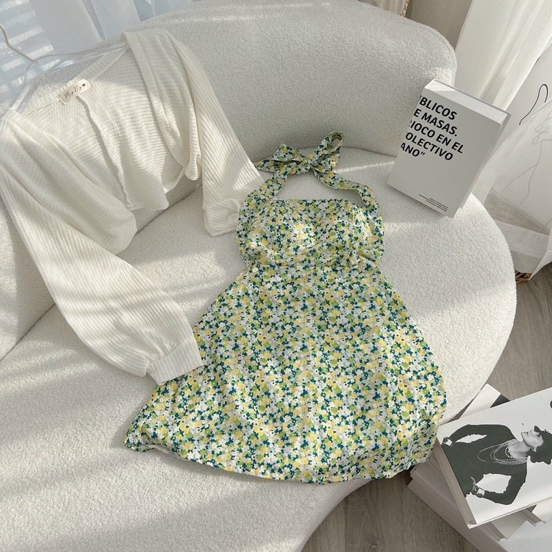 Đầm yếm hoa xanh + khoác - Chitchitstore