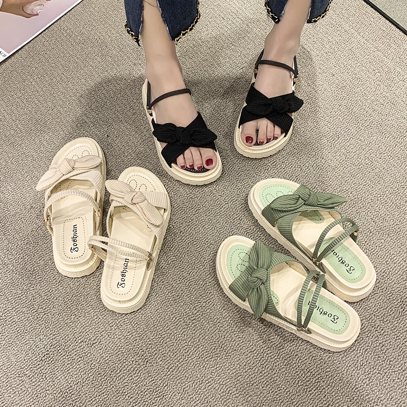 Tikp Hàng Mới~2022Cho Nữ Giày Sandal Roman Đế Dày Đính Nơ 3 Màu Size 35-40