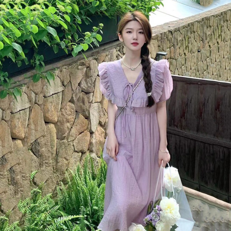 Váy Nữ, Đầm Nữ Cổ V Màu Tím Pastel
