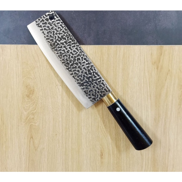 Dao Thái Thịt Thép Nhíp Ô Tô Dập Vân 2 Mặt Cao Cấp - Cán Gỗ mun Khâu Đồng