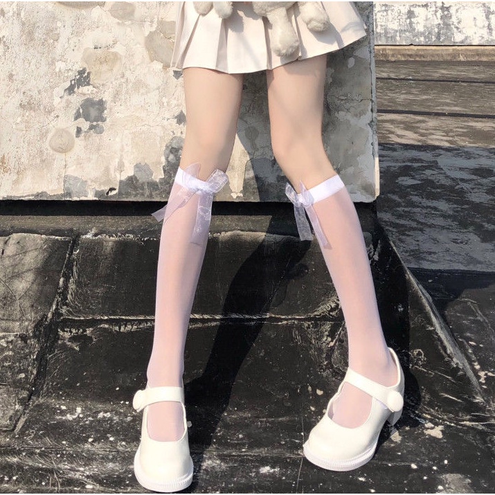 Tất vớ da nữ xuyên thấu đính nơ đáng yêu màu trắng đen, Vớ da đính nơ kiểu dáng Lolita by.Lisa TG26
