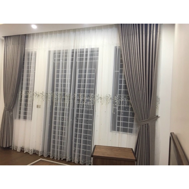 Vải rèm voan thêu hoa thiên lý, chân ren thêu sẵn