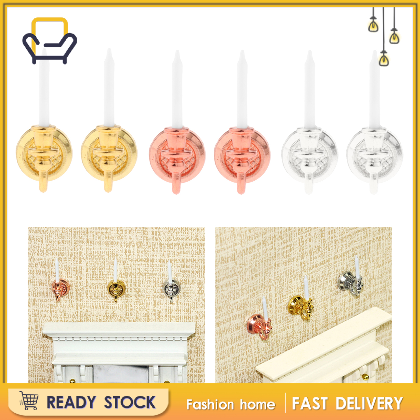 【Fashion home】1:6 1/12 Mini Doll House Wall Candle Holder Scene Model DIY Decor Props gold