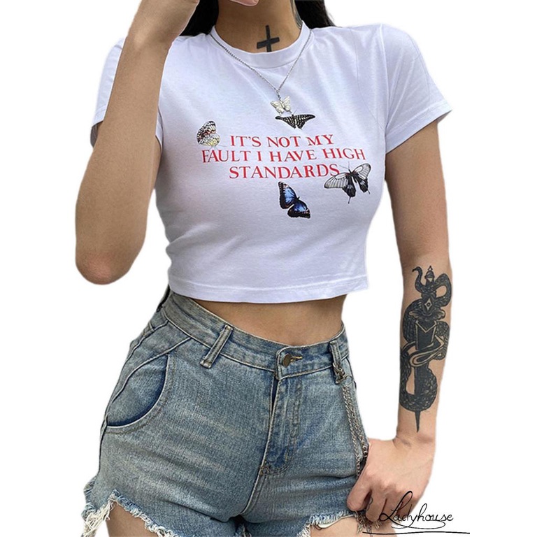 Áo Thun Crop Top Tay Ngắn Cổ Tròn In Họa Tiết Bướm Nhiều Màu Sắc Thời Trang Mùa Hè Dành Cho Nữ