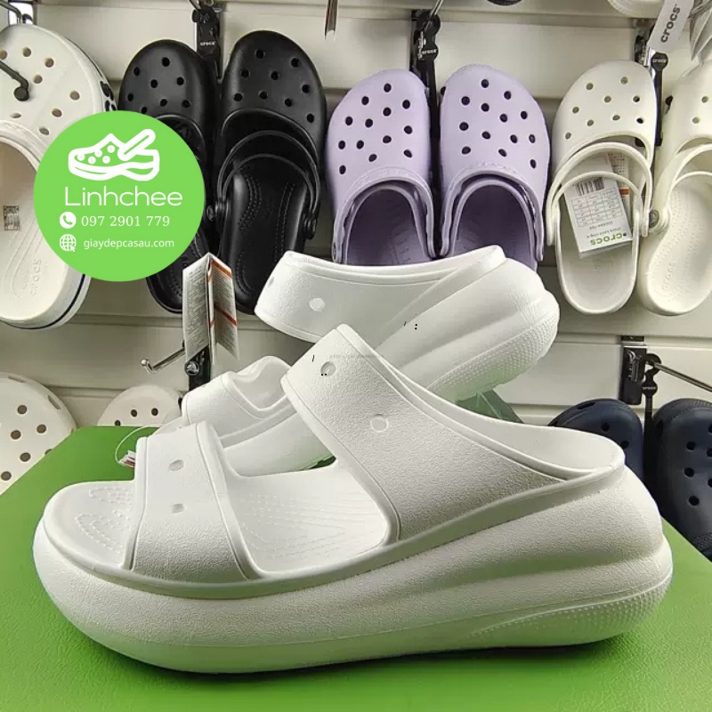 Dép lê Crocs quai ngang Classic Crush màu trắng cho nữ cao 6cm