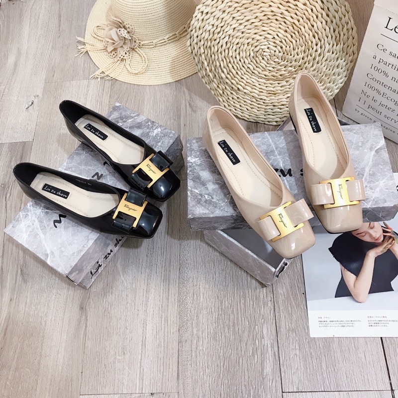 Giày bệt nơ fegamo da bóng mũi vuông lizushow fullbox