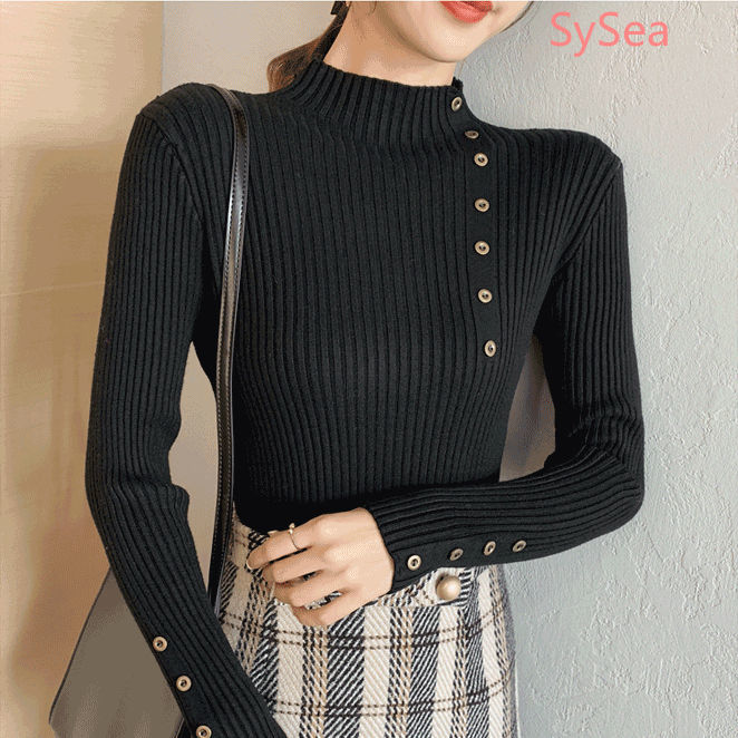 Áo Sweater Cổ Lọ Phối Nút Phong Cách Hàn Quốc Hợp Thời Trang