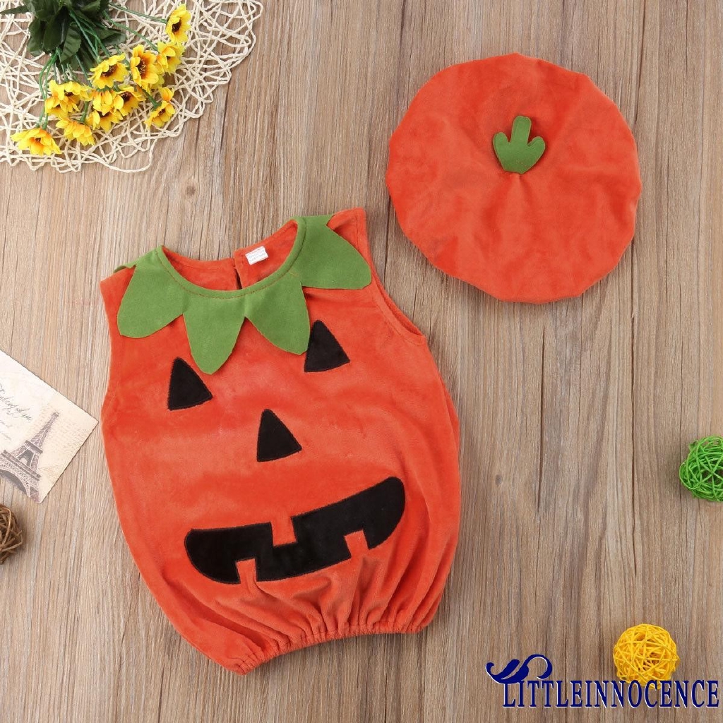 .Nn-baby 2 chiếc trang phục halloween, không tay cổ tròn nút sau bí ngô áo dài rời + mũ beanie co giãn