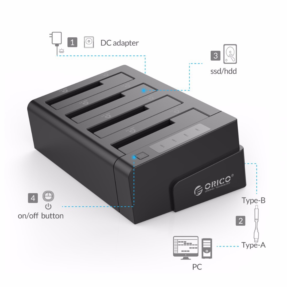 Đế Gắn Ổ Cứng Ngoài Orico 64TB USB 3.0 SATA I / II / III 4 Cho 2.5 / 3.5 Inch HDD SSD (6648US3)