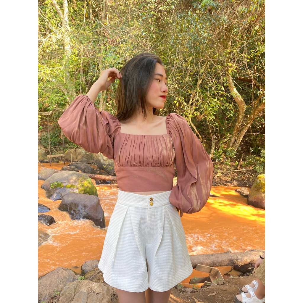 Áo Nhún Ngực Tay Phồng Organza Màu Đồng - HOO DESIGN