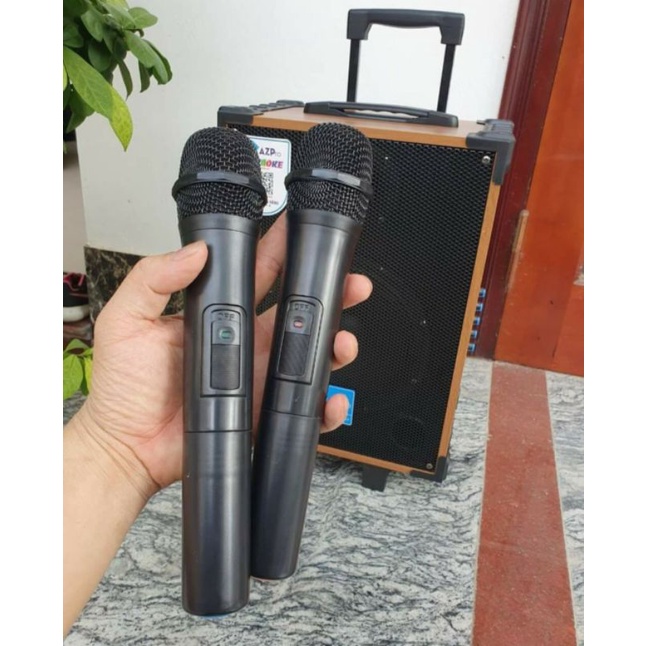 Loa kéo karaoke mini Azpro Az8 bluetooth 2 mic Loa kéo di động thùng gỗ giá tốt