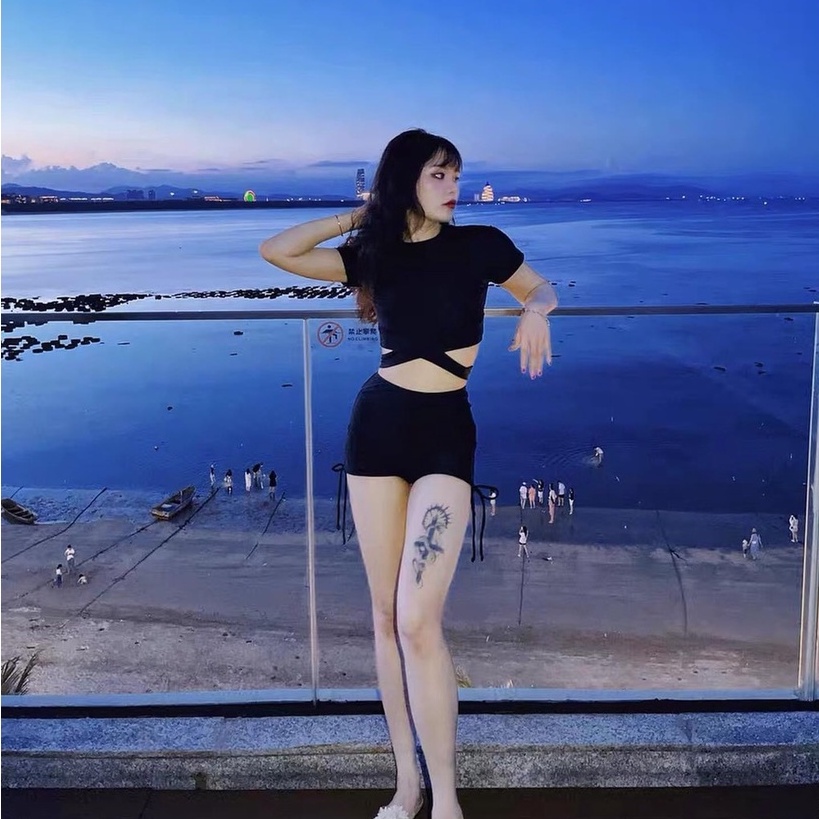 [ĐỒ BƠI 2 MẢNH] Bikini nữ 2 mảnh áo tay ngắn cột nơ bụng mix quần short dây rút kín đáo (kèm hình chụp thật)