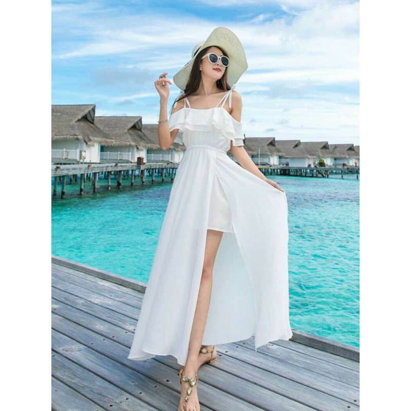 Đầm maxi trắng đi biển siêu xinh, váy xòe dài chiffon tà xẻ cao - DTH