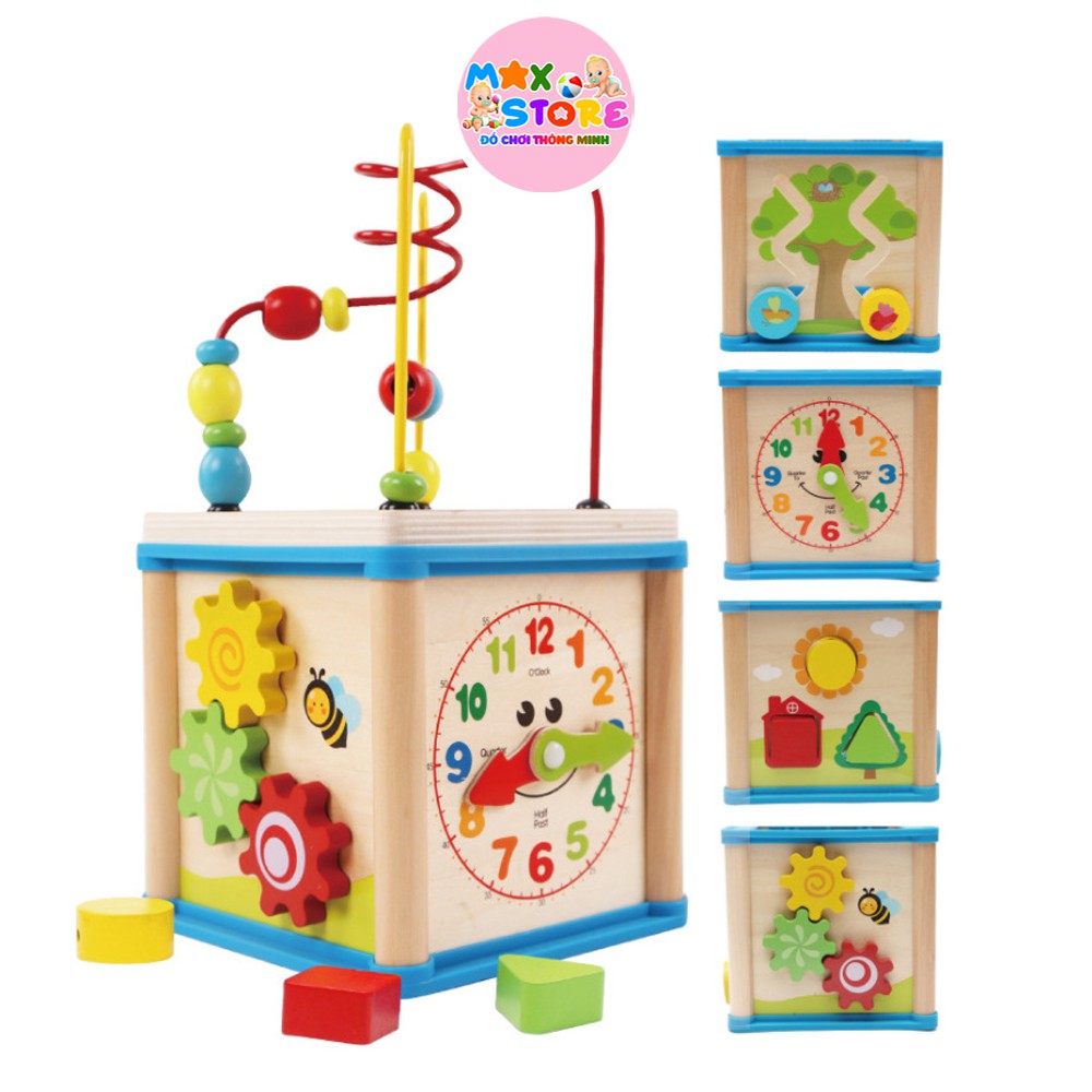 Bộ Giáo Cụ Tổng Hợp 5in1 Luồn hạt, chơi bánh răng, đồng hồ, thả hình, chơi zic zắc