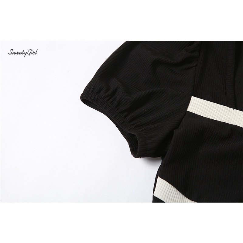 Đầm Mini Tay Ngắn Phồng Cổ Chữ V Màu Tương Phản Thời Trang 2022 Cho Nữ