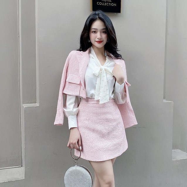 Set dạ croptop gồm áo khoác và chân váy ngắn tiểu thư hồng xanh pastel SET957 KYMIE