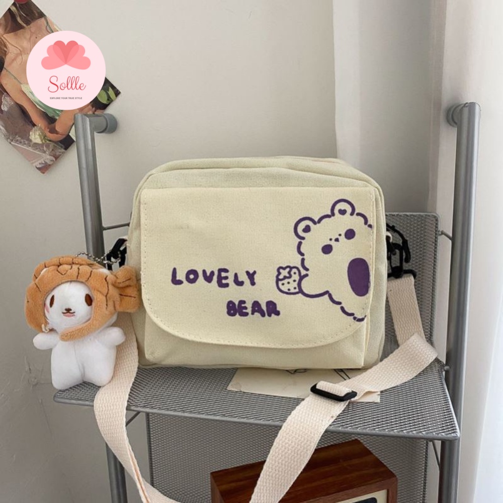 Túi canvas đeo chéo vai nữ đi học nhiều ngăn in hình Gấu đáng yêu đen trắng Sollle