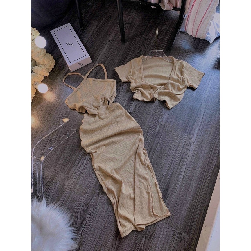 Set đầm ôm body cổ yếm chéo eo sexy + áo khoác tay ngắn chất thun gân