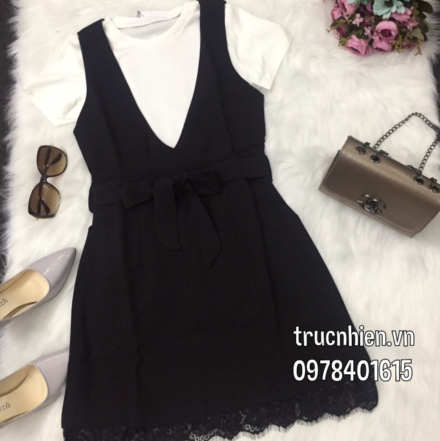 Sét đầm chữ A kèm áo trong tà phối ren