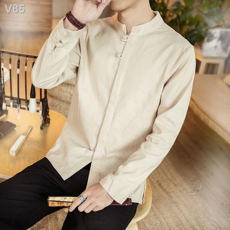 ℗◈❀Trung Quốc phong cách cổ điển cotton và vải lanh áo sơ mi màu xanh lá cây nam giới nút đĩa Tang phù hợp với thiền Han